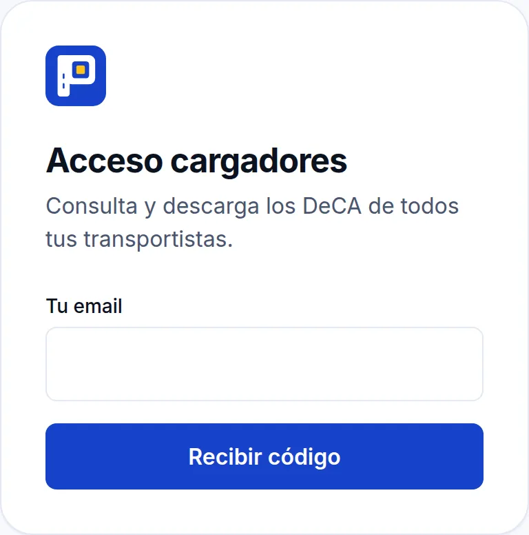 Pantalla de acceso de cargadores: email y botón Recibir código