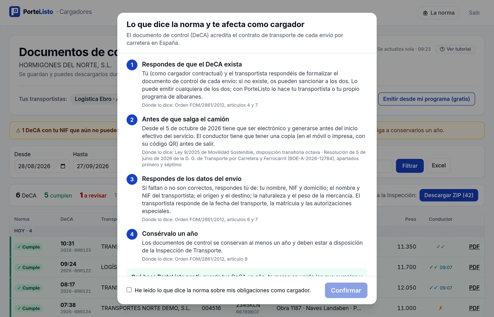 Ventana 'Lo que dice la norma y te afecta como cargador' con cuatro puntos y el botón Confirmar