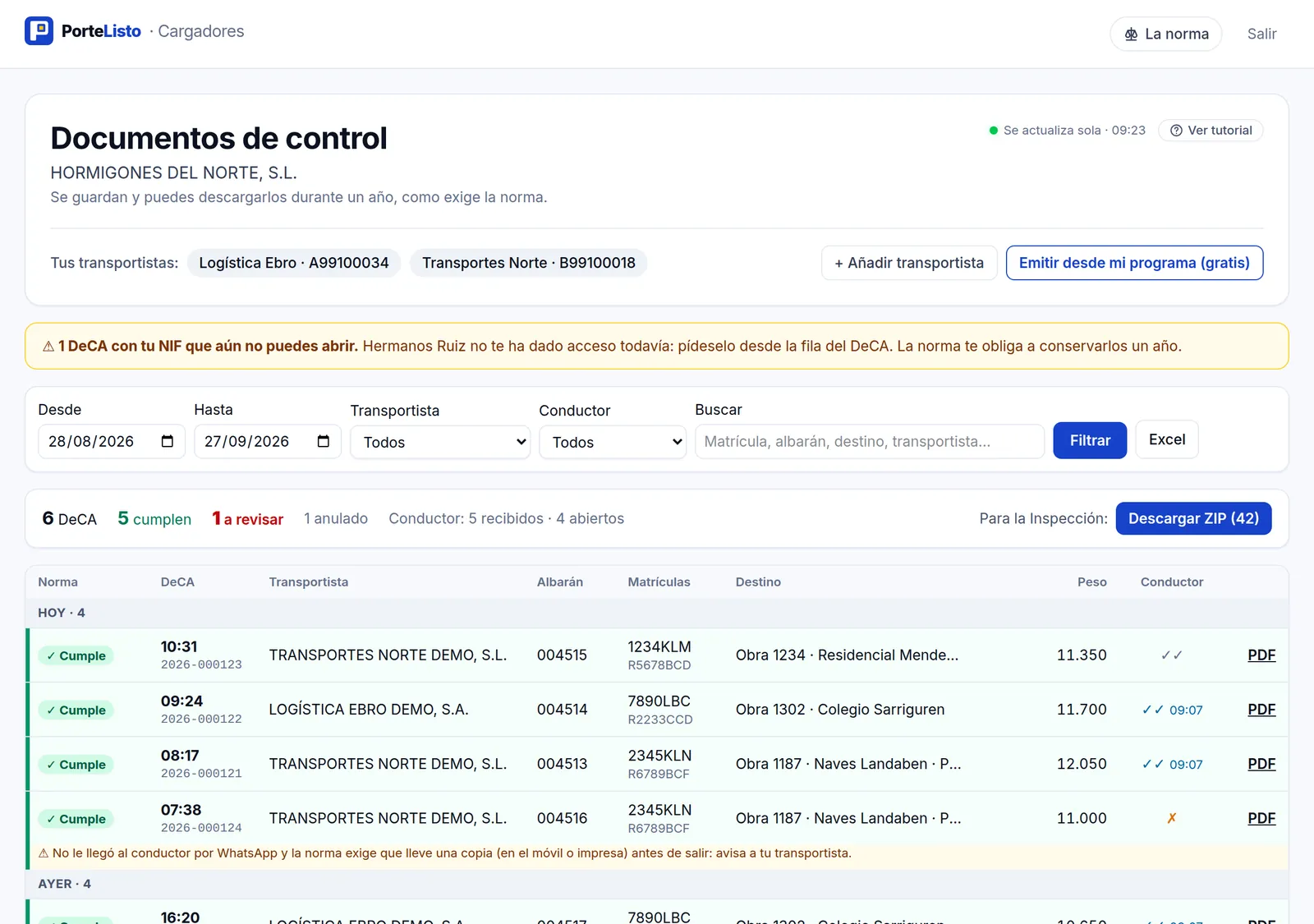 Portal del cargador de PorteListo con la lista de DeCA de varios transportistas