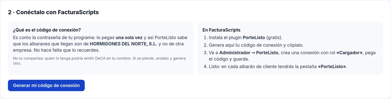 Código de conexión e instrucciones para FacturaScripts