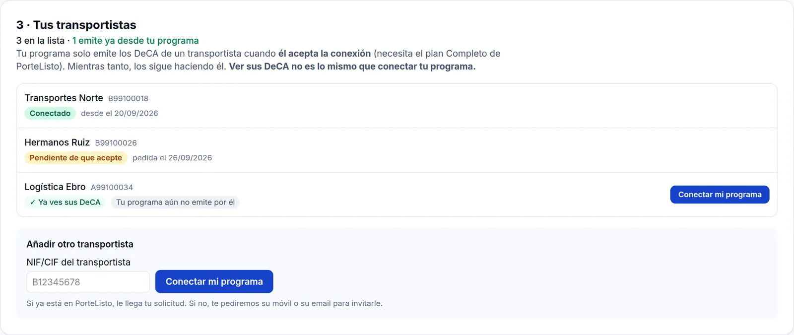 Lista de transportistas conectados y pendientes de aceptar